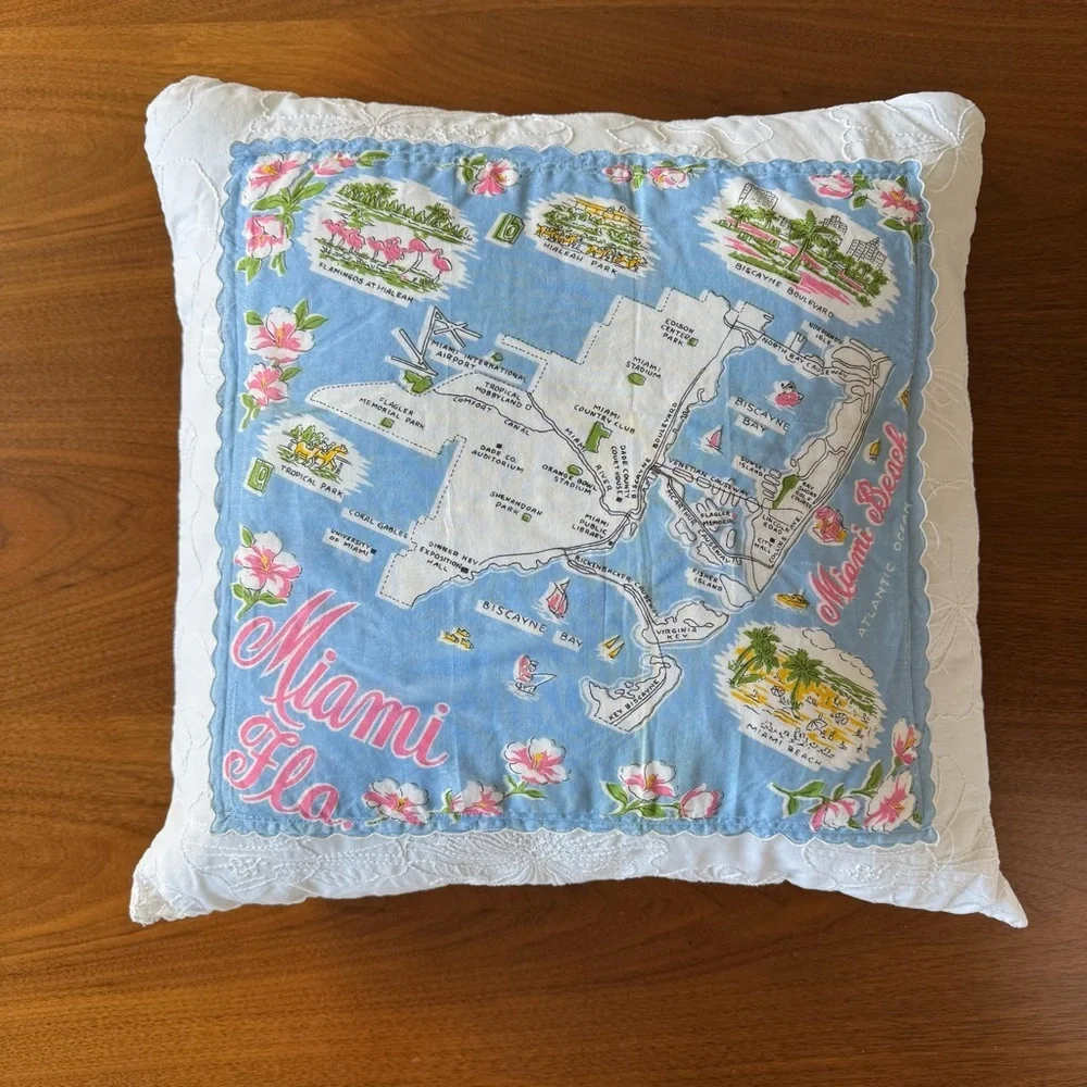 Vintage Miami Florida Handkerchief Pillow Shabby Chic Retro Tropical Decor